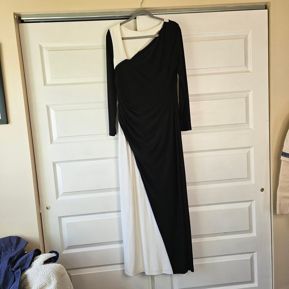 Lauren Ralph Lauren Size 14 Black White Colorblock Maxi Gown Cutout Side Slit 58 - Picture 6 of 7